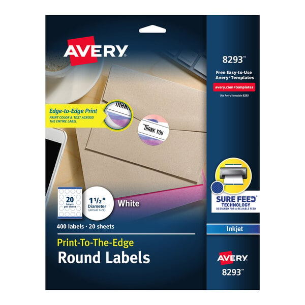 A package of Avery Matte White Round Labels on a table.