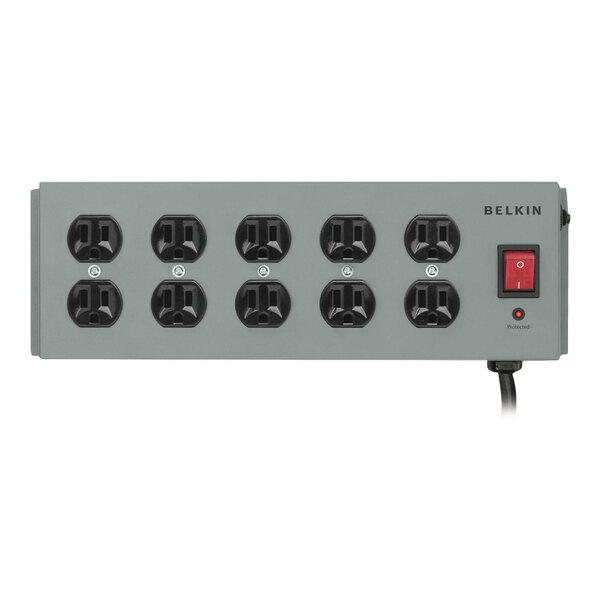 A grey Belkin power strip with black switches and a red button.