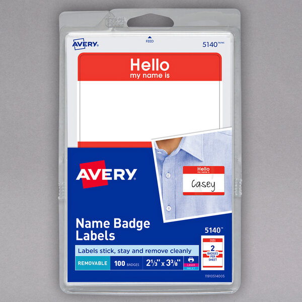 A package of Avery matte white name badge labels with red border.