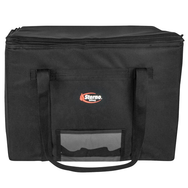 A black Sterno food carrier bag with a handle and a zipper on the front.