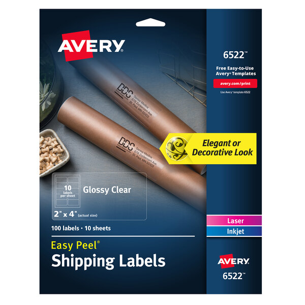 A package of Avery glossy clear Easy Peel shipping labels.