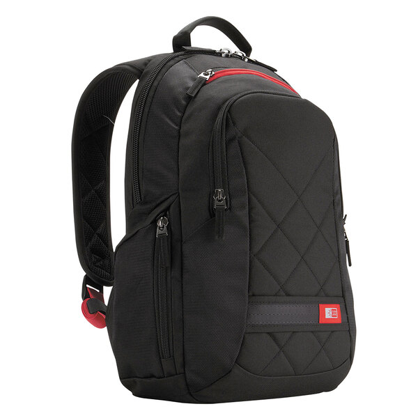 A black Case Logic laptop backpack with red accents and a zipper.