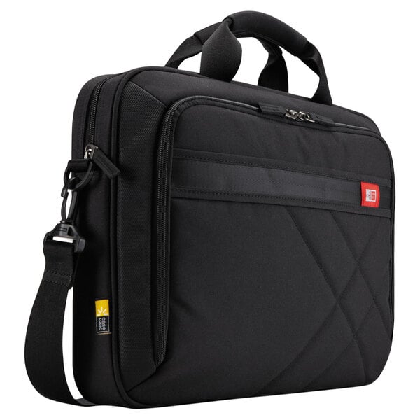 A black Case Logic soft-sided laptop briefcase with a strap.