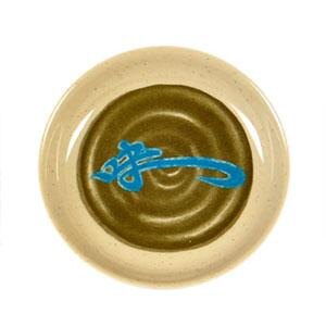 A brown Thunder Group melamine sauce dish with a blue line and blue writing.