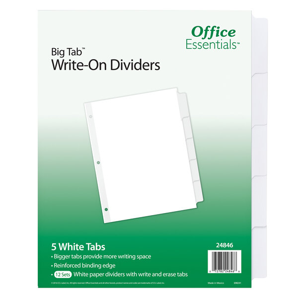 A package of 12 white Avery Big Tab write-on dividers with 5 tabs.