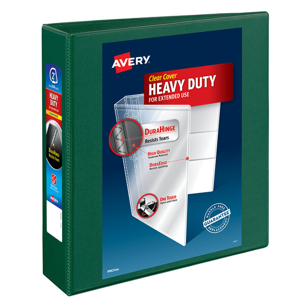 An Avery green heavy-duty binder with a label on it.