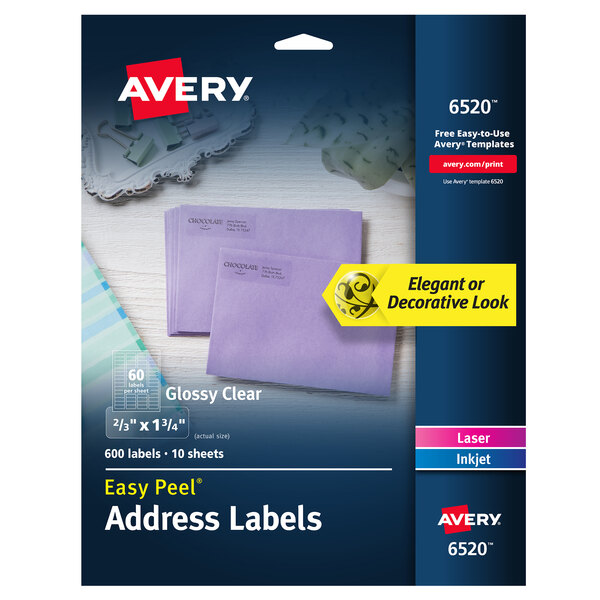 A package of Avery glossy clear address labels.