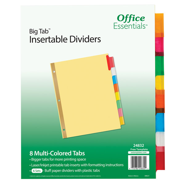 A box of 6 Avery Office Essentials tab dividers with multi-colored tabs.