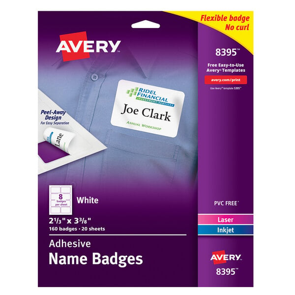 A package of Avery name badges with white labels.