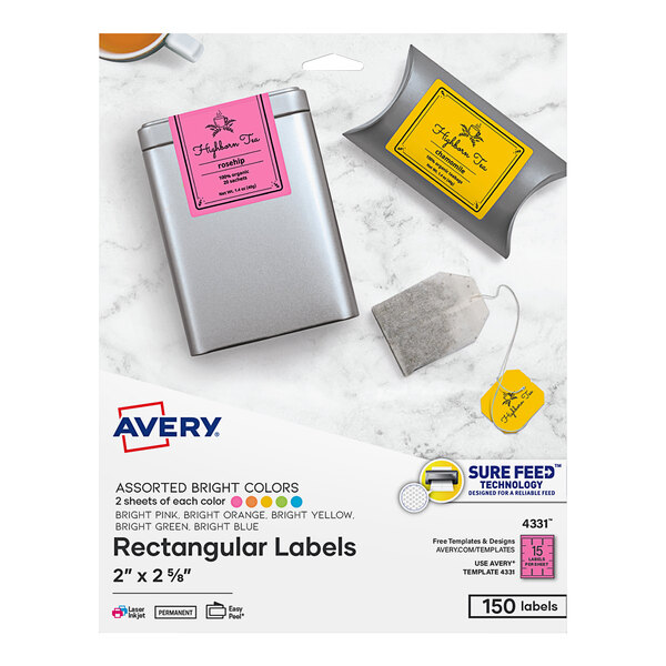 A silver box of Avery rectangular labels in assorted bright colors.