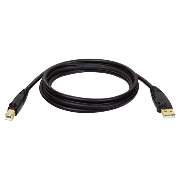 A black Tripp Lite USB 2.0 cable with Type-A to Type-B male connectors.
