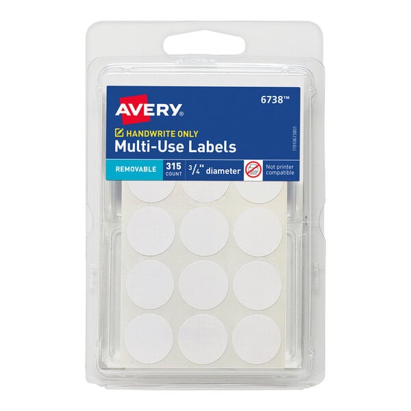 A pack of white Avery multi-use round labels.