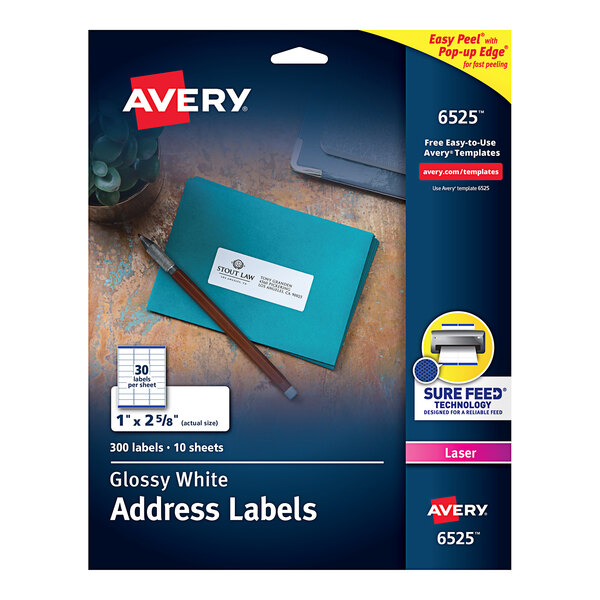A package of Avery glossy white address labels with a white background.