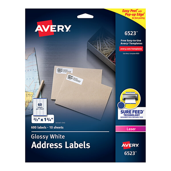 A package of Avery glossy white address labels.