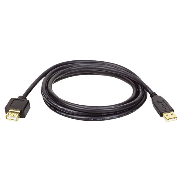 A close-up of a black Tripp Lite USB 2.0 extension cable with gold connectors.
