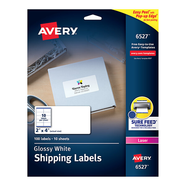 A package of white Avery shipping labels with an Avery logo on a white box.
