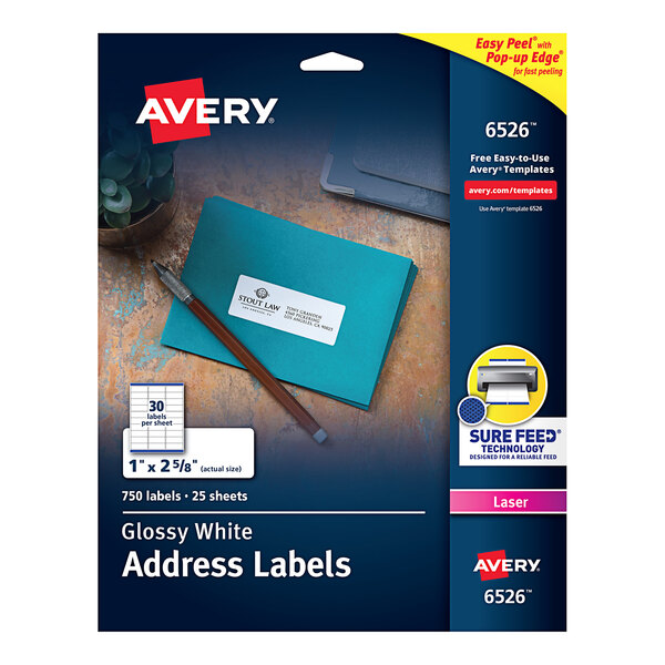 A package of Avery white address labels with a white background.