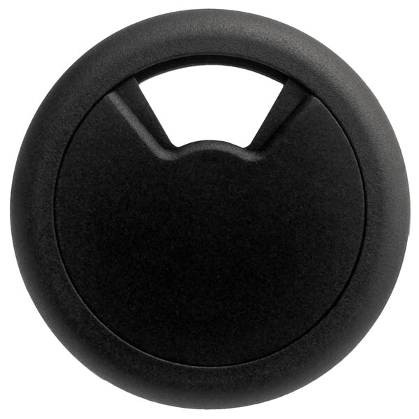 A black plastic Master Caster wire organizer grommet with a hole in the center on a white background.