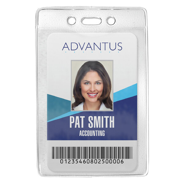 A close-up of a clear vertical ID badge holder containing an ID card with the name of an accountant.