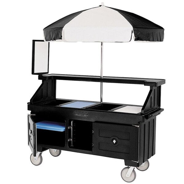 A black and white Cambro vending cart with a black and white umbrella on the counter.