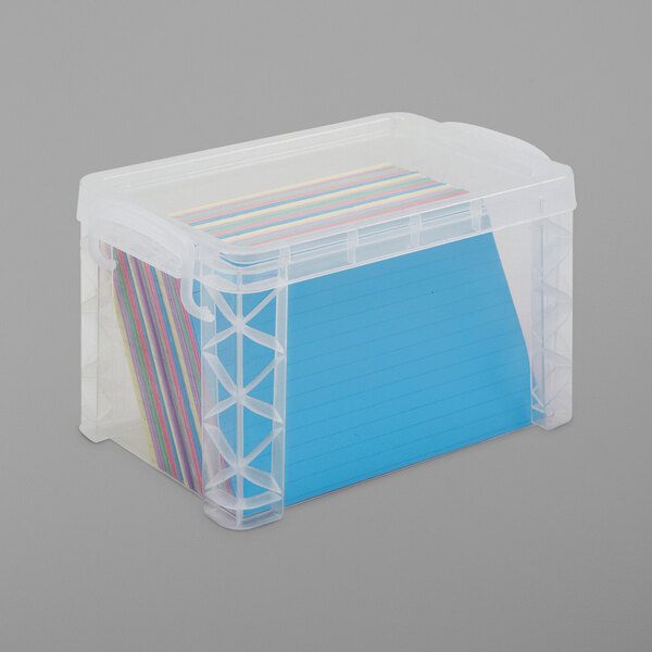 A clear plastic Advantus storage container with colorful papers inside.