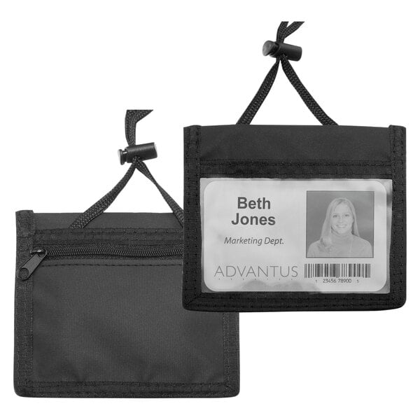 A close-up of a black Advantus horizontal ID badge holder with a woman's name tag in it.