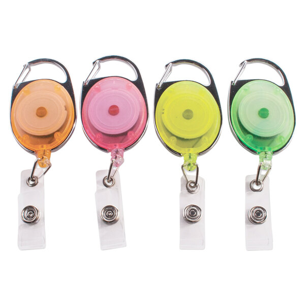 A group of Advantus neon carabiner-style retractable ID card reels in pink, green, and yellow.