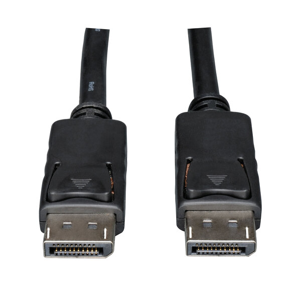 A close-up of a black Tripp Lite DisplayPort cable plug.