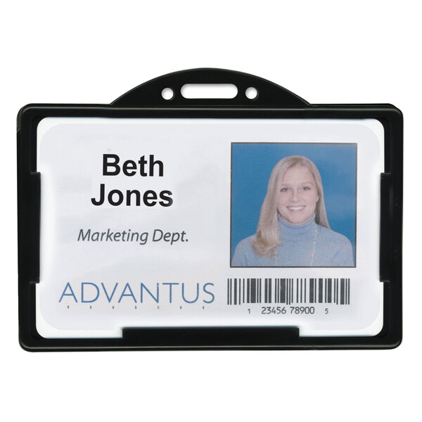 A woman wearing a black Advantus horizontal ID card holder with a name tag inside.