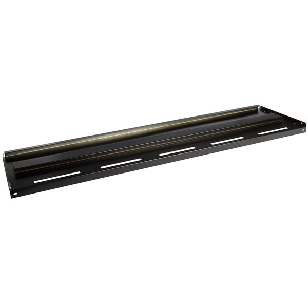 A black metal Avantco shelf with holes.