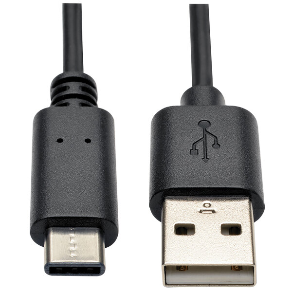 A close-up of a Tripp Lite black USB cable with two male connectors.