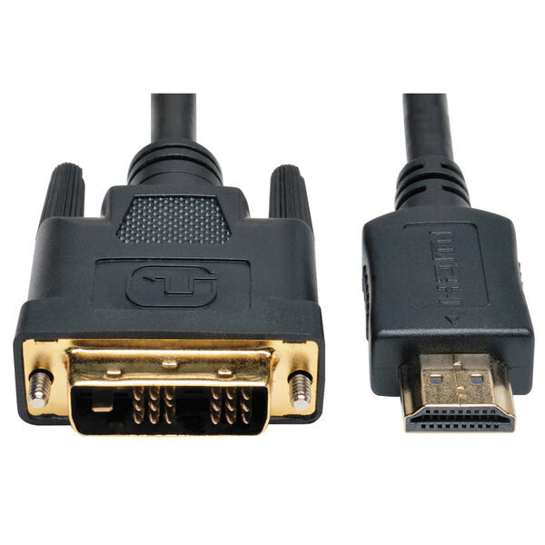 A close-up of a Tripp Lite black HDMI to DVI cable with gold connectors.