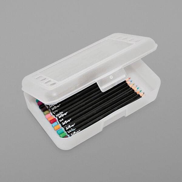 A clear polypropylene pencil box with colored pencils inside.