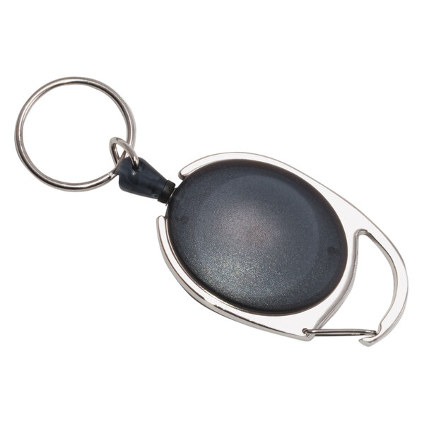 A black and silver carabiner-style key chain with a black round object.
