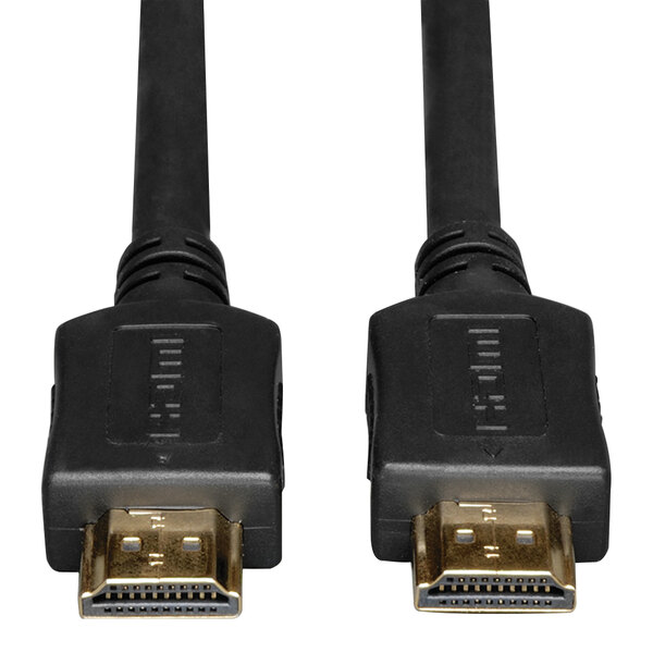 A close-up of a Tripp Lite black HDMI plug with gold connectors.