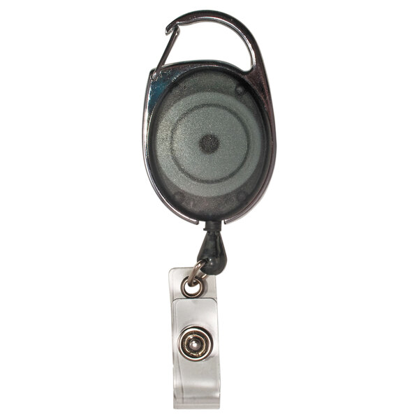 An Advantus carabiner-style retractable badge holder in smoke grey with a clip.
