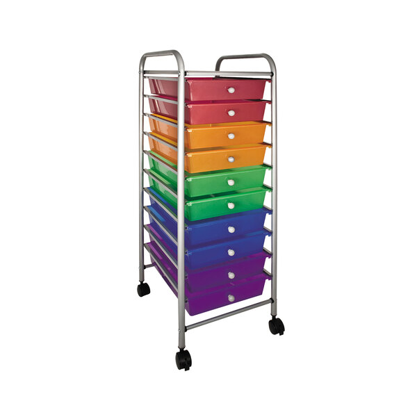 A green, blue, and purple Advantus 10-drawer organizer cart with wheels.