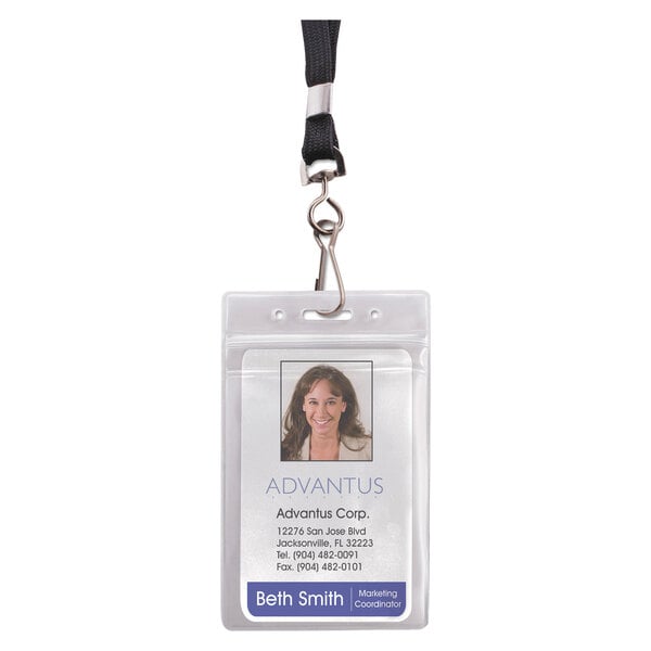 A woman wearing an Advantus clear vertical resealable ID badge holder with a lanyard.