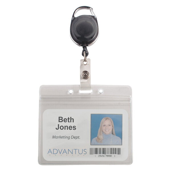A woman wearing an Advantus clear horizontal resealable ID badge holder with a black plastic badge and cord reel.