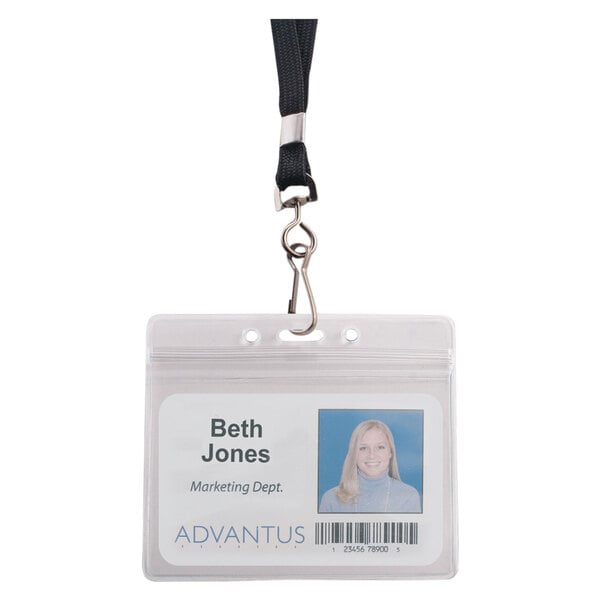 A woman wearing an Advantus clear horizontal resealable ID badge holder with a lanyard.