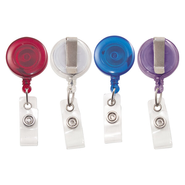 A group of different colored translucent Advantus ID badge holders.