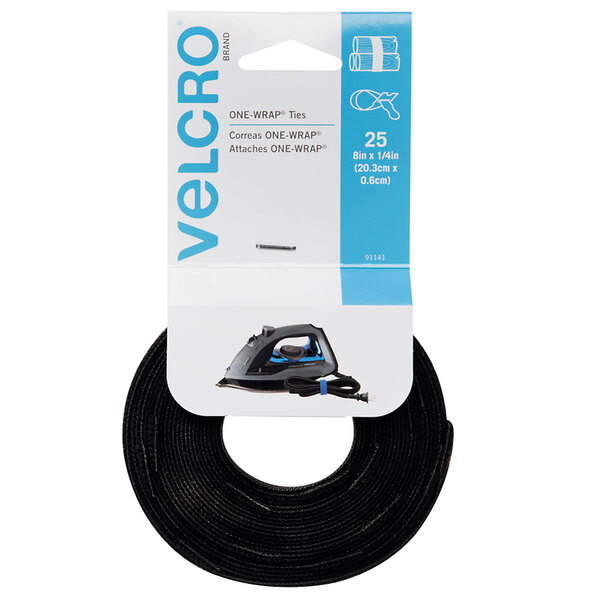 Velcro 91141 1/4" x 8" Black One-Wrap Hook and Loop Tie - 25/Pack