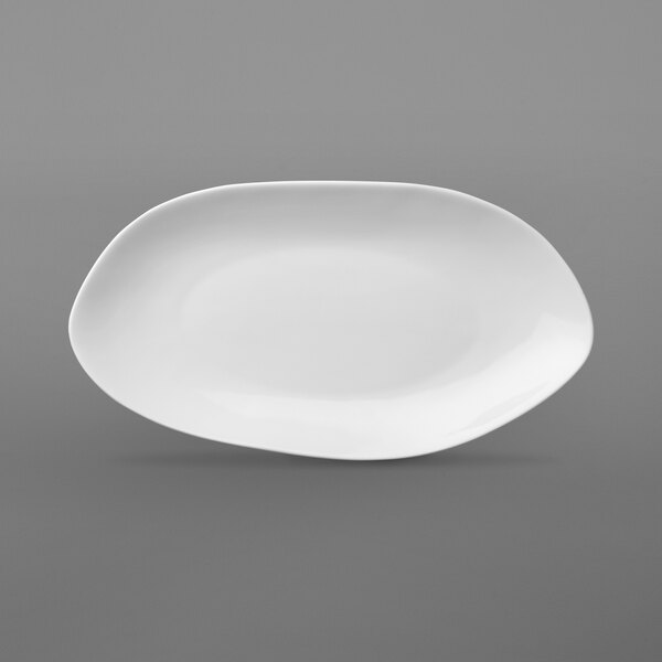 A white Oneida Lancaster Garden porcelain oval plate with a curved edge.