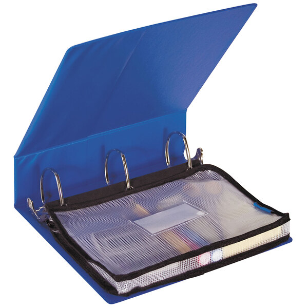 A blue binder with a clear bag.
