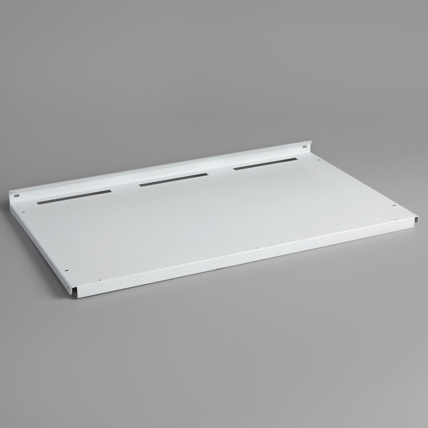 A white rectangular shelf with a metal frame and holes.