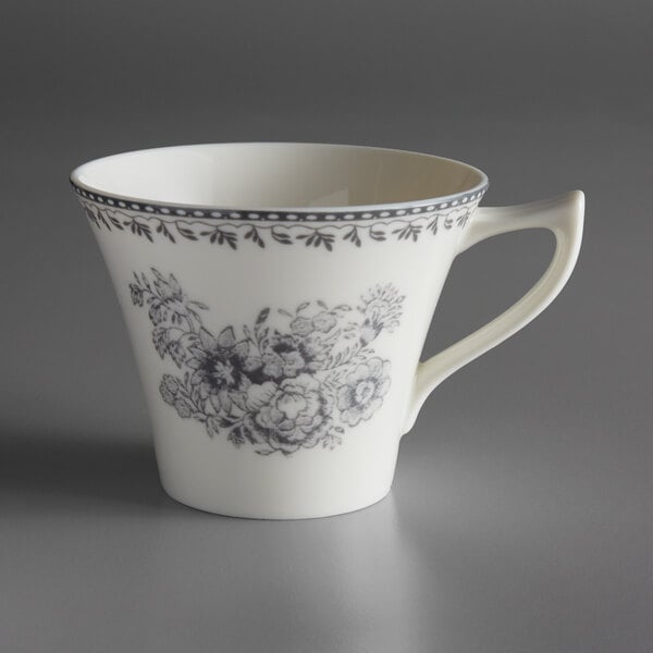 A white and grey Lancaster Garden tea cup with a handle.