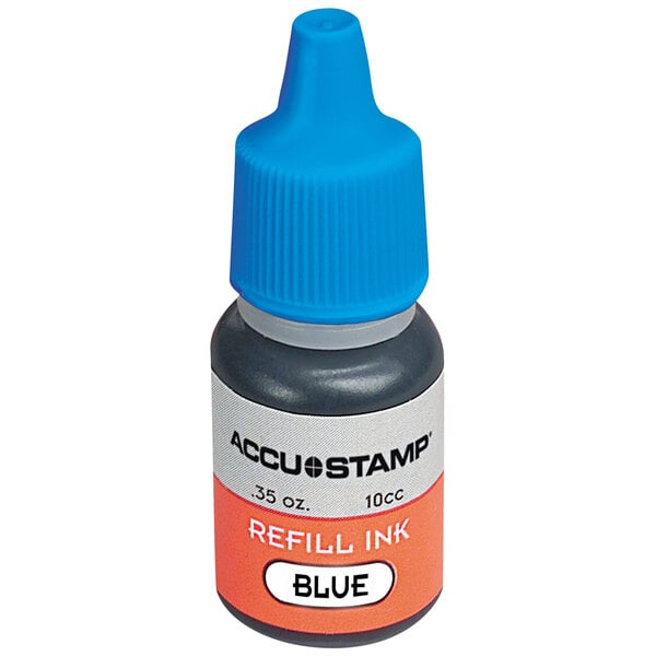 A blue plastic bottle of Cosco blue ink refill with a white lid.