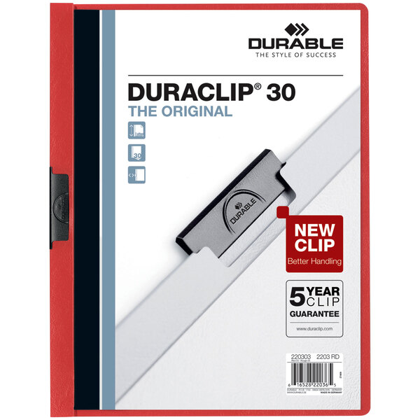 A red DuraClip report cover with a clear vinyl front and black DuraClip.