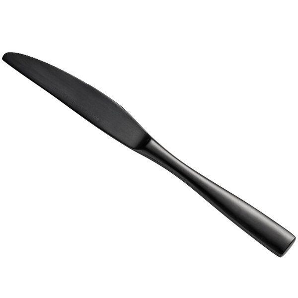 A black stainless steel dinner knife with a black handle.