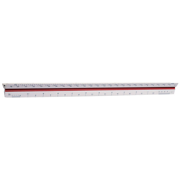 A white Chartpak plastic ruler with red and black markings.